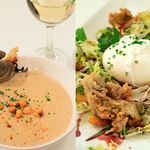 Left: Brooklyn Clam Chowder with Brooklyn Ocktoberfest, Pancetta & Corn nuts; Right: Frisee Salad with Smoked Oysters and Poached Egg